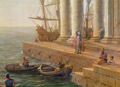 Kikötői jelenet, részlet az „Ulysses távozása a Feacik földjéről”, 1646 alkotó: Claude Lorrain