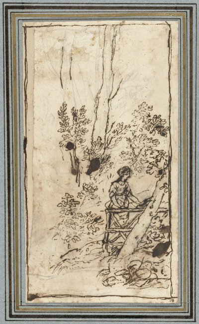 Fiatal nő állt a kerítés mellett egy erdőben Állattanulmányok az Animal Albumból. (sorozat címe) alkotó: Claude Lorrain