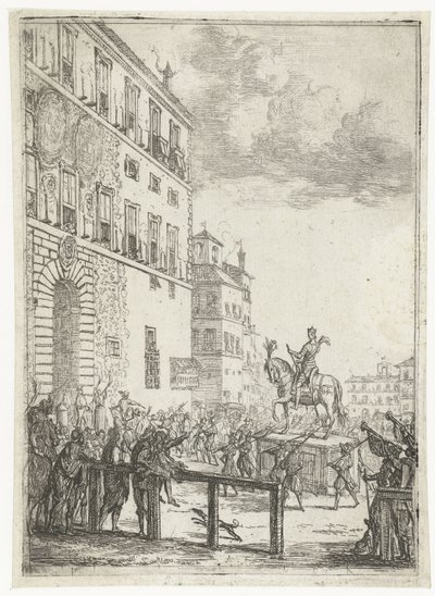 A Szent Római Birodalom császárának lovas szobra Le Statue Equestre du roi des Romains Tűzijátékok és ünnepségek a Szent Római Birodalom újonnan megválasztott császára alkalmából (sorozat címe) alkotó: Claude Lorrain