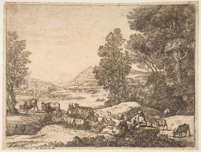 Pásztor és pásztorlány beszélget egy tájban, kb. 1651. alkotó: Claude Lorrain