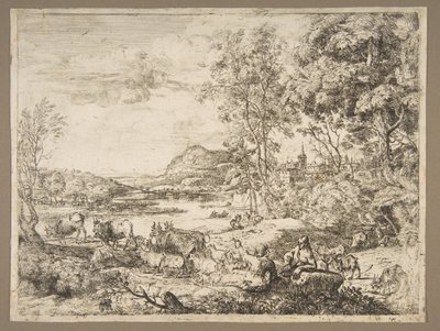Pásztor és pásztorlány beszélget egy tájban, kb. 1651. alkotó: Claude Lorrain