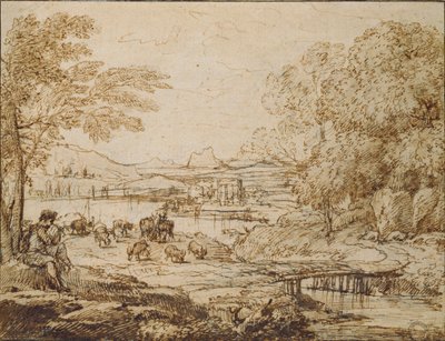 Fiatalok, akik pipázik egy pásztori tájban, 1640-es évek alkotó: Claude Lorrain