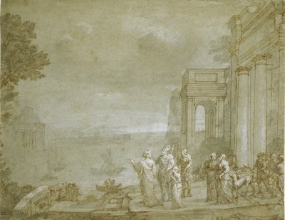 Karthágó képe Didóval és Aeneasszal, 1676 (toll és tinta mosással és krétával, fehérrel kiemelve a papíron) alkotó: Claude Lorrain