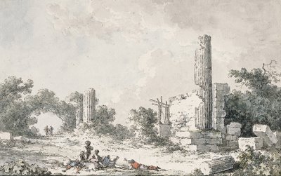 Castor és Pollux templomának romjai, Agrigento, művészek vázlatokkal alkotó: Claude Louis Chatelet