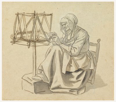 Rajz, Egy öregasszony fon, 1810-30 alkotó: Claude Louis Desrais
