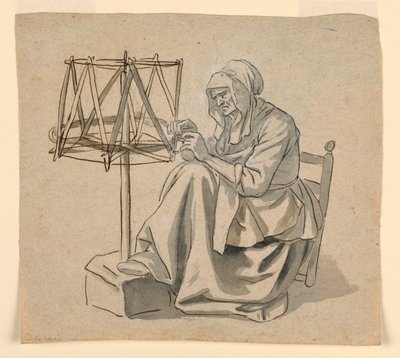Rajz, Egy öregasszony fon, 1810-30 alkotó: Claude Louis Desrais