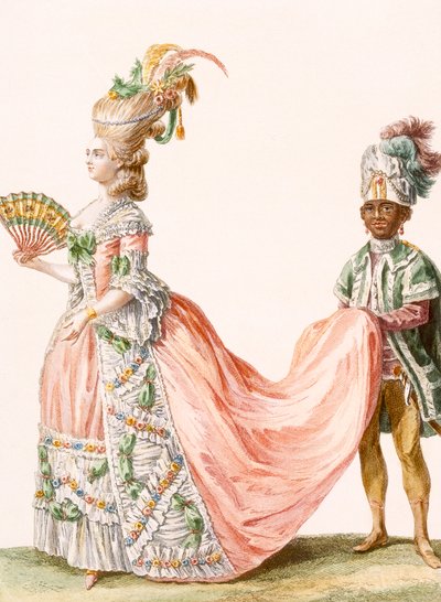 Női kidolgozott estélyi, Le Roi metszetével, a „Galeries des Modes et Costumes Francais”-ból, 1778-87 alkotó: Claude Louis Desrais