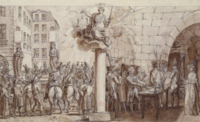 Az özvegy Morin és lánya, Angelique Delaporte a Conciergerie-nél, és nyilvános megbilincseléssel büntették aláírások erőszakos zsarolása bűntette miatt, 1812 (toll, tinta és mosás papíron alkotó: Claude Louis Desrais