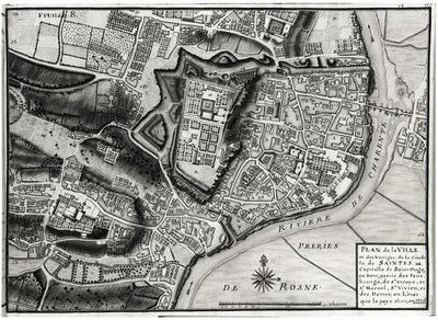 Atlas 131 F fol.8 Saintes térképe, Saintonge fővárosa, Recueil des Plans de Saintonge, 1716 (toll, tinta és WC papíron) alkotó: Claude Masse