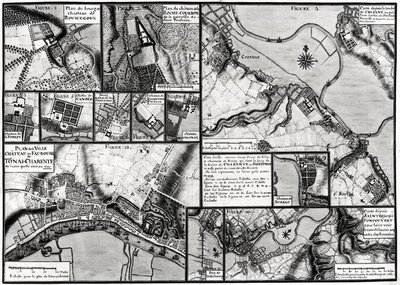 Fol.7 & 98 A Charente folyó mentén fekvő városok és kastélyok térképe 1714-ben, a Recueil des Plans de Saintonge-tól (toll, tinta és wc papíron) alkotó: Claude Masse