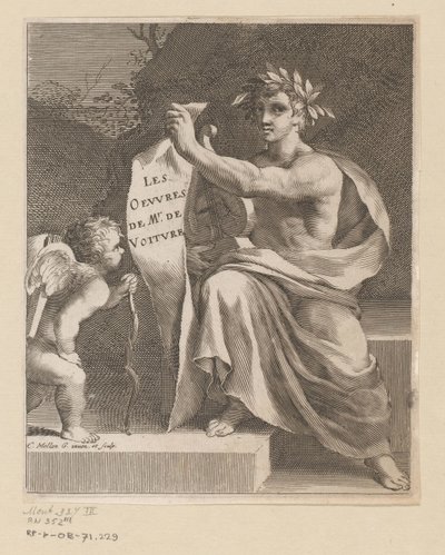 Apollo en een amor De Voiture úr művei (cím a tárgyon) Címlap: Vincent de Voiture, Vincent de Voiture művei, 1650 alkotó: Claude Mellan