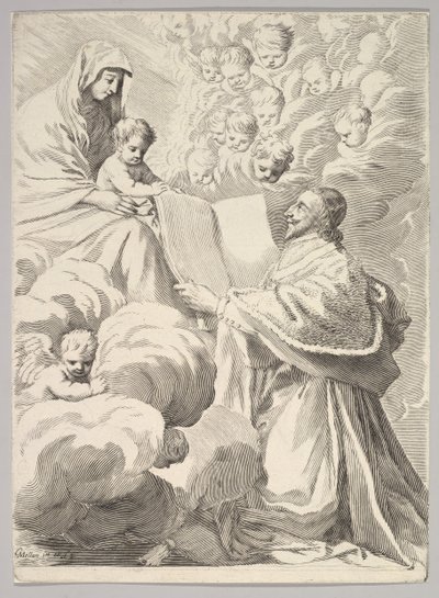 Richelieu bíboros, Térdelve, bemutatja könyvét a Szűznek és a Gyermeknek, kb. 1646. alkotó: Claude Mellan