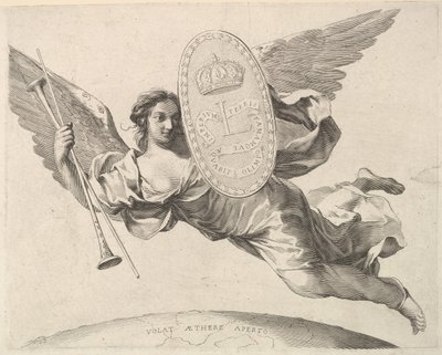 Pajzsot viselő hírnév XIV. Lajos kezdőbetűjével La Renommée volant. alkotó: Claude Mellan