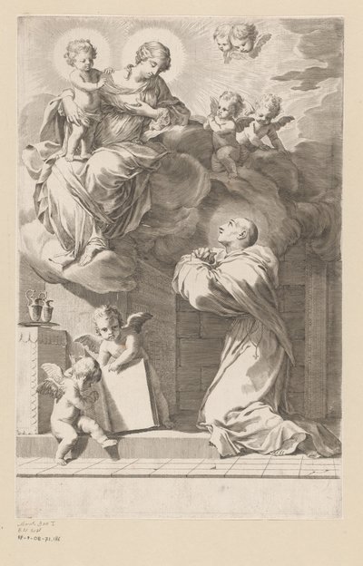 H. Bernard letérdel a Szűz és a Gyermek jelenése előtt Címlap ehhez: Saint Bernardus, Divi Bernardi Abbatis (...), 1640 alkotó: Claude Mellan