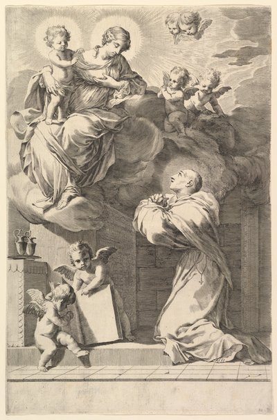 Szent Bernát a Szűz és a Gyermek előtt térdel, 1640. alkotó: Claude Mellan