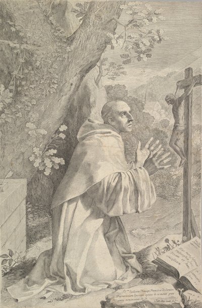 Szent Bernát térdel a feszület előtt, kb. 1655. alkotó: Claude Mellan