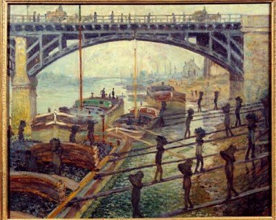 Debardeurs szénkirakodók árukat raknak ki a Szajna-parti nyaralókból. Claude Monet festménye (1840-1926) 1875 V. 0,53x0,64 m Párizs, Muse d