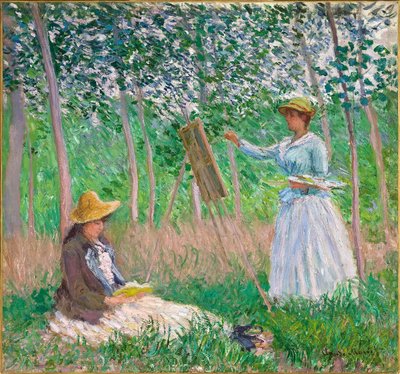 Az erdőben Givernyben – Blanche Hoschedé a festőállványánál Suzanne Hoschedé felolvasásával alkotó: Claude Monet