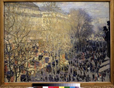 ""Le boulevard des Capucines"" Járókelők tömege és forgalom Párizs Operanegyedében. Claude Monet festménye (1840-1926). Olajfestmény. Impresszionizmus. 1873. 61x80 cm-es Puskin Múzeum, Moszkva alkotó: Claude Monet