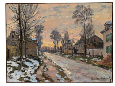 Út Louveciennes-be, olvadó hó, lenyugvó nap, 1869-70 körül alkotó: Claude Monet