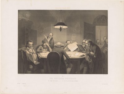 Férfiakat olvas az asztal körül Les profonds politiques / A mély politikusok / Die vollendeten Staatsmanner (cím a tárgyon) Humoros előadások (sorozat címe) Gallery pour rire (sorozat címe az objektumon) alkotó: Claude Thielley