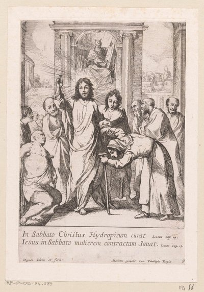 A sánta férfi és a görbe nő gyógyítása szombaton Miracula Domini Nostri Jesu Christi (sorozat címe) Krisztus csodái (sorozat címe) alkotó: Claude Vignon