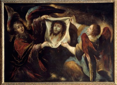 Két angyal mutatja be Krisztus fejének szent arcát a tövisekkel és aureóleumokkal koronázott arcról a Jézus arcát megtörlő Szent Veronika vászonján (Szent Lepel). Claude Vignon (1593-1670) festménye 1640 V. 1,24x1,7 m Rouen, musee des Beaux alkotó: Claude Vignon