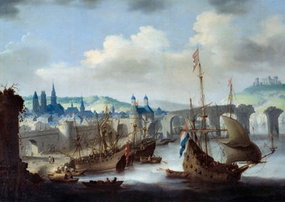 Kilátás Rouen városára A hajók a Szajna partján vannak kikötve. Claude de Jongh festménye alkotó: Claude de Jongh