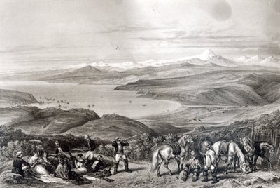 Az Aconcagua vulkán távoli látképe, a "Historia de Chile"-ből, F. Lehnert metszete. alkotó: Claudio Gay