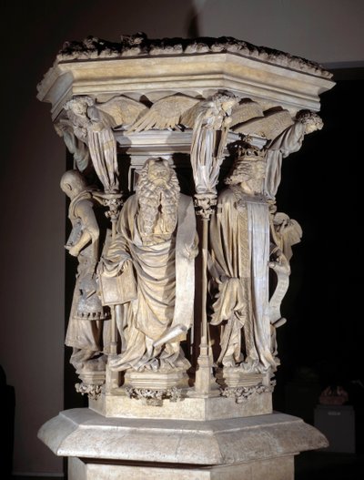 Flamand gótikus művészet: talapzat Dániel, Zakariás, Ésaiás, Mózes (előtérben), Jeremie és Dávid ábrázolásával, Claus Slutertől (1350-1406), a Mózes Puitjaként (vagy a próféták kútjaként) ismert. alkotó: Claus Sluter