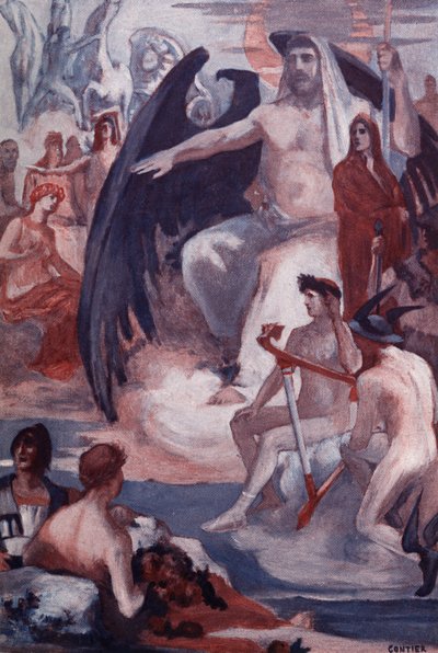 Jupiter védelme a trójaiak vagy a görögök megmentésére. Clement Gontier (1876-1918) illusztrációja Homere „The Ilias” (Omero) című művéhez. Paris, Henri Laurens alkotó: Clement Gontier