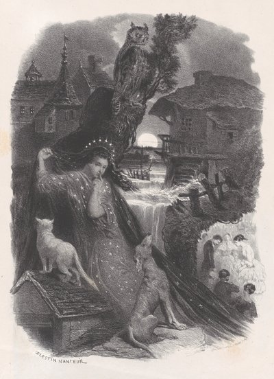 Éjszaka, 18. századi jelmezben rózsát szedő lány matricája a háton, kb. 1830-65. alkotó: Célestin Nanteuil