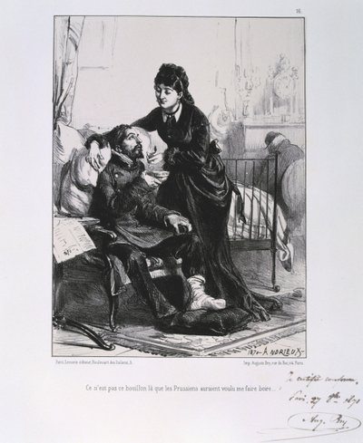 Francia-porosz háború 1870-1871: Egy sebesült katonát ápolnak és táplálnak. Clement August Andrieux litográfiáinak sorozatából a Gardes Nationalesról. alkotó: Clément Auguste Andrieux