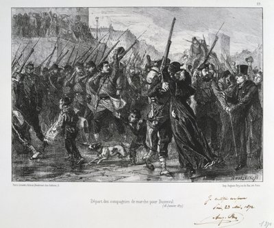 Francia-porosz háború 1870-1871: Buzenval-i csata (Mount Valerien) Versailles mellett, 1871. január 19. Garde National menetel a csatába és vereségbe. Clement August Andrieux litográfiáinak sorozatából a Gardes Nationalesról. alkotó: Clément Auguste Andrieux