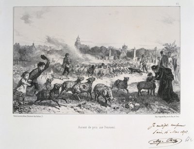 Francia-porosz háború 1870-1871: Egy birkanyájat elkergetett, hogy megtagadja, hogy a poroszok kezébe kerüljenek. Clement August Andrieux litográfiáinak sorozatából a Gardes Nationalesról. alkotó: Clément Auguste Andrieux