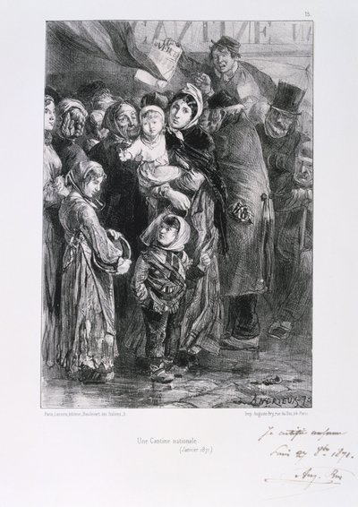 Francia-porosz háború 1870-1871. Párizs ostroma 1870. szeptember 19. – 1871. január 28. Nemzeti leveskonyha Párizsban, 1871. január. Clement August Andrieux litográfiáinak sorozatából a Gardes Nationalesról. Élelmiszerhiány Éhség alkotó: Clément Auguste Andrieux