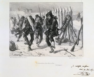 Francia-porosz háború 1870-1871. Párizs ostroma 1870. szeptember 19-től 1871. január 28-ig. Katonák a sáncokon ugrálnak, hogy melegedjenek. Clement August Andrieux litográfiáinak sorozatából a Gardes Nationalesról. alkotó: Clément Auguste Andrieux