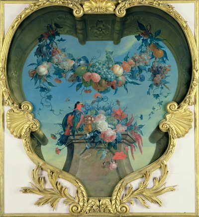 Talapzaton lógó gyümölcsök dísze virágokkal és piros-zöld papagájjal, c. 1730-31 alkotó: Coenraet Roepel