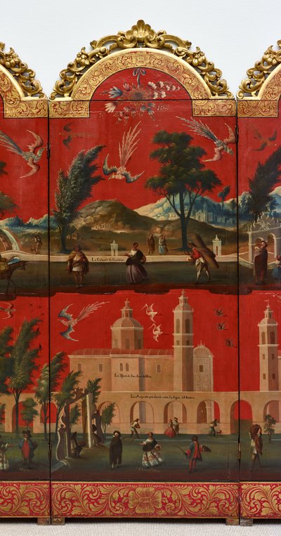 Biombo with Views of Mexico City (olaj, vörös maki-e lakk panelen, aranyozott fa foglalattal és vászon alátéttel) alkotó: Colonial Spanish