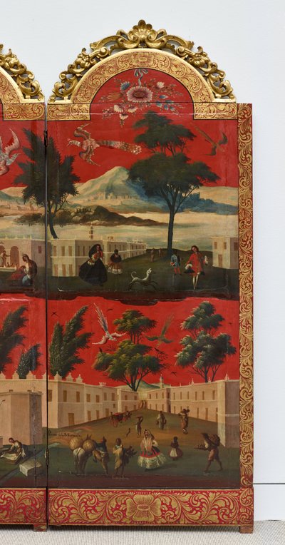 Biombo with Views of Mexico City (olaj, vörös maki-e lakk panelen, aranyozott fa foglalattal és vászon alátéttel) alkotó: Colonial Spanish