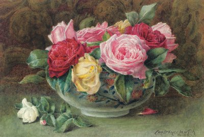 Csendélet egy tál rózsaszín, sárga és vörös rózsákkal, 1883 alkotó: Constance Lawson