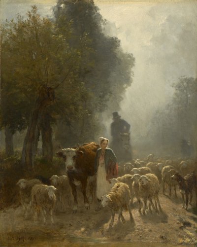 Piacra menni egy ködös reggelen, 1851 alkotó: Constant Emile Troyon