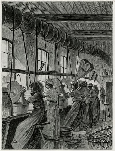 Női műhely Val Saint Lambert üvegárujában. C.Meunier metszete a „La Belgique” című történet illusztrálására, Camille Lemonnier (1844-1913), író és művészeti kritikustól. alkotó: Constantin Emile Meunier