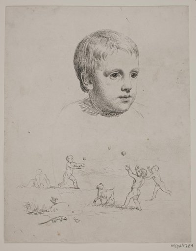 T. N. Thiele gyermekkori felső portréja, alatta négy labdázó fiú alkotó: Constantin Hansen