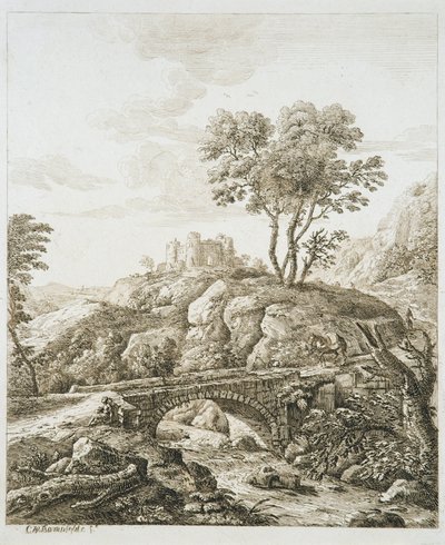 Tájkép kastéllyal (metszet papírra) alkotó: Copplestone Warre Bamfylde
