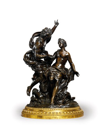 Egy XIV. Lajos bronzcsoport, amely Bacchust és Ariadnét képviseli, c. 1704 (bronz aranyozott alappal) alkotó: Corneille van Cleve