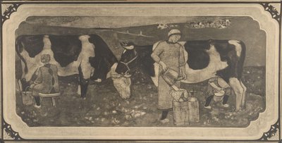 Richard Roland Holst ólomüveg ablakhoz készült parasztasszonyokkal és tehenekkel készült tervrajz fotóreprodukciója alkotó: Cornelis Albertus Deul