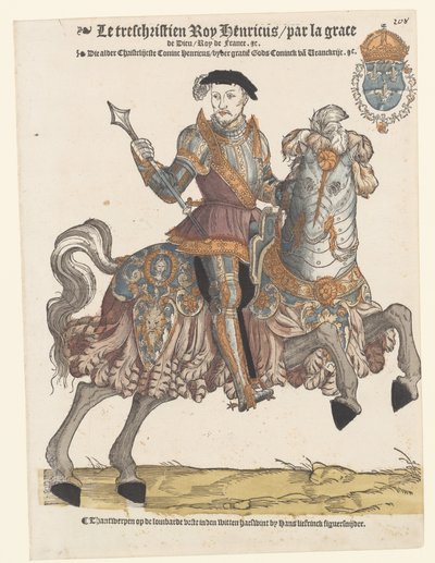II. francia Henrik portréja páncélban lóháton, jobbra alkotó: Cornelis Anthonisz. (manner of)