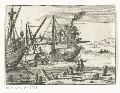 Kikötőre néző két vitorlás és egy galleon, két férfi áll a rakparton Landscapes and Marines (sorozat címe) alkotó: Cornelis Bol (attributed to)