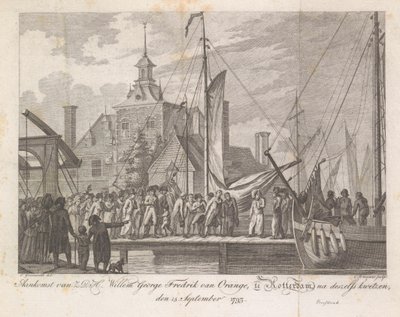 Willem George Frederik megsebesült herceg érkezése Rotterdamba, 1793 Z.D.H. érkezése Willem George Fredrik van Oranje, Rotterdamban, sérülései után, 1793. szeptember 15. (cím a tárgyon) alkotó: Cornelis Brouwer